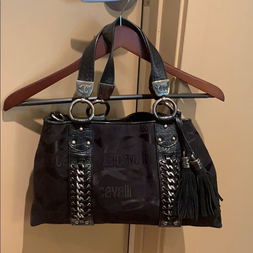 Just Cavalier black tote 15/9 lots of hardware.